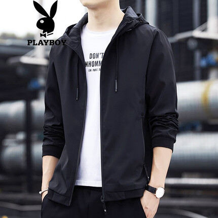 花花公子（PLAYBOY）夹克男外套春秋款时尚休闲茄克衫连帽上衣百搭男装 黑色 M