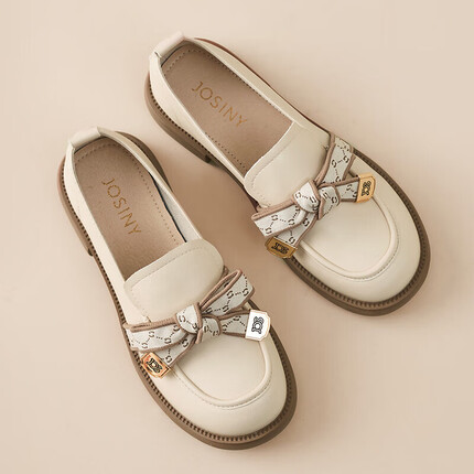 卓诗尼单鞋女休闲百搭经典蝴蝶结乐福鞋时尚圆头浅口厚底小皮鞋 米白色 36 