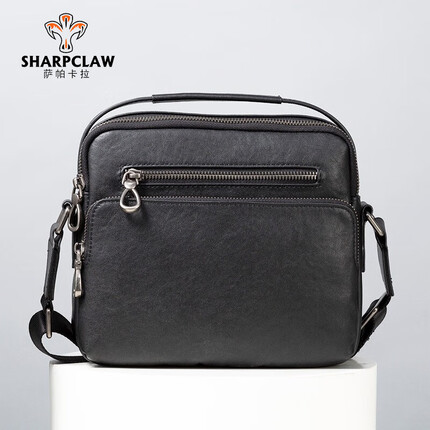 萨帕卡拉单肩包男士潮流休闲斜挎包植鞣牛皮邮差包大容量包包 黑色 23*7*20cm SHARPCLAW