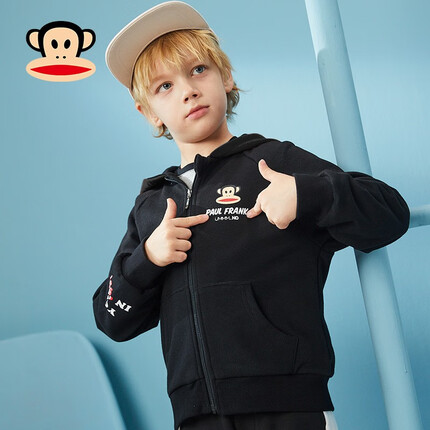 大嘴猴（paul frank）童装女童外套男童春秋款前开拉链长袖针织纯棉儿童上衣连帽 黑色 110CM