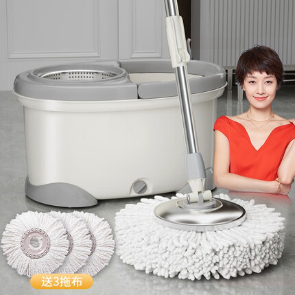 爱格旋转拖把免手洗2023新款双驱动家用一拖净手压甩水墩布桶拖地神器 四驱动省力+S1助力泵+加厚3拖头 不锈钢拖盘