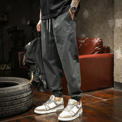 古先森美式工装裤夏季男裤子宽松大码潮流复古男士休闲裤男生哈伦束脚裤 灰色 3XL【180-200斤】