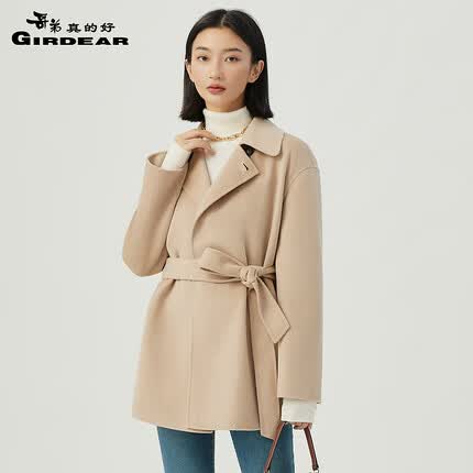 哥弟真的好中长款系带羊毛双面呢大衣外套女【附腰带】A400933 米杏 XL(5码)