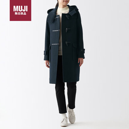 无印良品(MUJI)女式 羊毛混 牛角扣大衣 长款外套 毛呢大衣秋冬 深藏青色 M