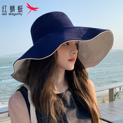 红蜻蜓(RED DRAGONFLY)防晒帽子女夏大檐帽防紫外线户外遮阳帽休闲百搭女士太阳渔夫帽 蓝色+米白