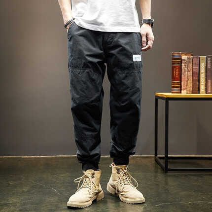 古先森重磅束脚工装裤男宽松夏季薄款纯棉休闲裤男士哈伦裤男生九分裤 黑色 30【115-125斤】