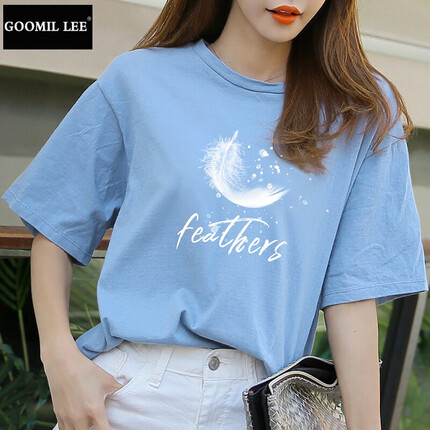GOOMIL LEE短袖T恤女新款夏季体恤韩版宽松上衣女装学生衣服ins潮 天蓝色 S