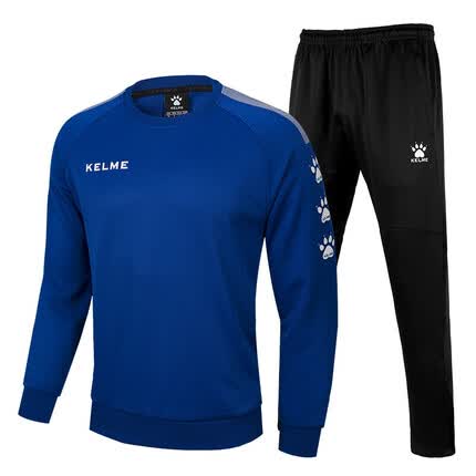 KELME/卡尔美运动套装男圆领卫衣足球训练服健身跑步收腿裤运动长裤两件套 彩蓝白（套装） XL