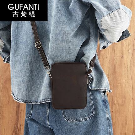 古梵缇单肩包挎包男休闲手机包疯马皮复古男士手机小包单肩挎包gftx-389 啡色 GUFANTI