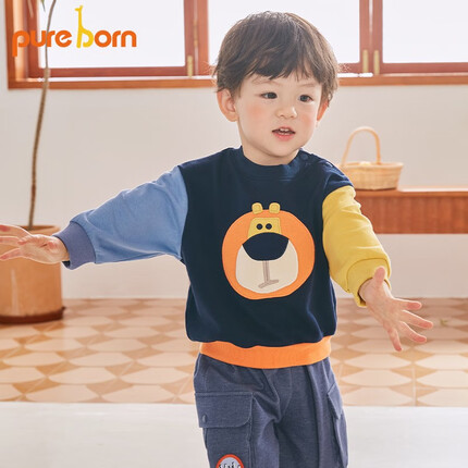博睿恩 pureborn男宝宝拼色卫衣春秋款婴儿衣服儿童时尚设计上衣 拼色(100-120cm无肩开扣) 110cm