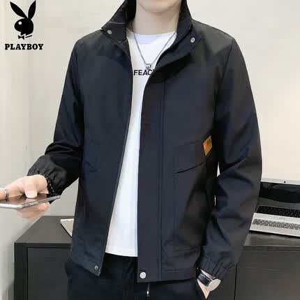 花花公子(PLAYBOY)夹克男士秋冬季外套男装潮牌立领休闲宽松上冲锋衣服 黑色 XL
