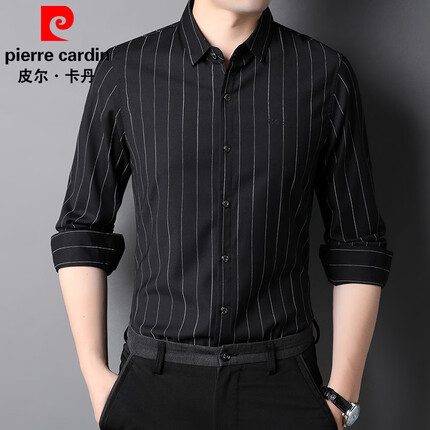 皮尔卡丹(pierre cardin)男士长袖衬衫春秋季中青年休闲衬衣条纹修身爸爸男装舒适上衣