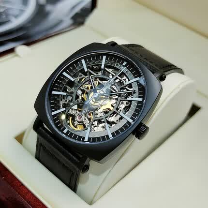 西亚尼镂空全自动机械表男士手表男表品牌方形新款真皮带商务简约防水手表 全黑 CIRNI