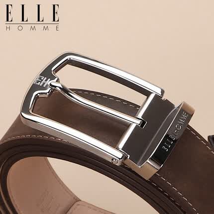 ELLE HOMME 时尚男士皮带 头层牛皮针扣腰带 不锈钢扣头正装裤带EE184738315棕色 