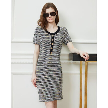 唐可娜儿（DKNY）法式优雅粗花呢条纹短袖针织连衣裙女装 黑拼色 M(160/84A)