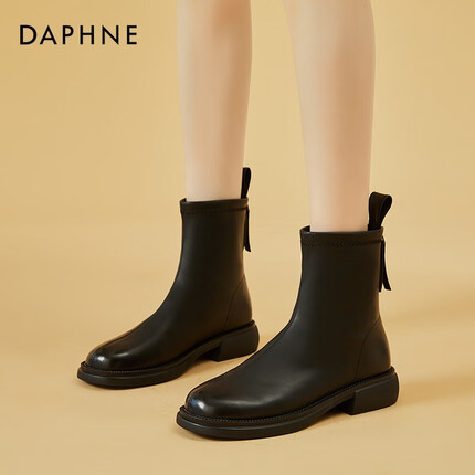 达芙妮 纯色圆头防水台马丁靴女2022年秋季新款法式短靴女韩系简约复古小踝靴女加绒中跟拉链瘦瘦靴 黑色 38