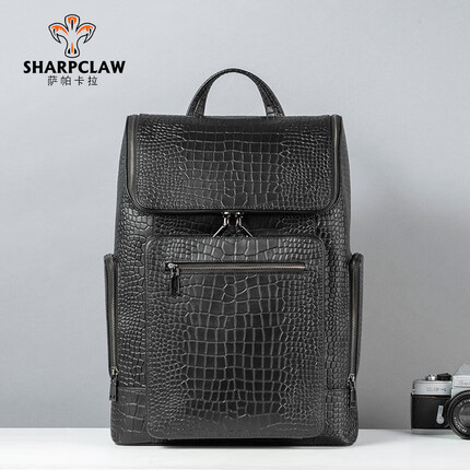 萨帕卡拉鳄鱼纹双肩包男头层牛皮背包商务旅行电脑包大容量书包 黑色 32*18*43cm SHARPCLAW