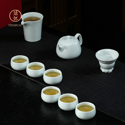 廷怀窑 汝窑茶具套组 功夫茶具套装家用整套汝瓷开片汝窑茶具套装陶瓷 汝窑玉青釉宋风雅韵茶具 玉青釉