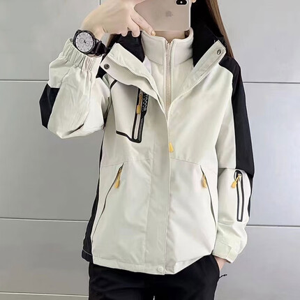 法国Jerrie Mock户外三合一冲锋衣女秋冬季可拆卸情侣款外套加绒加厚登山服 女款-象牙白 XL