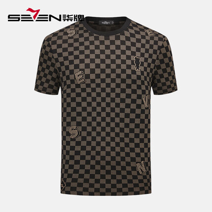 柒牌短袖T恤男2023夏季新款时尚休闲格子圆领上衣潮 黑色 2XL