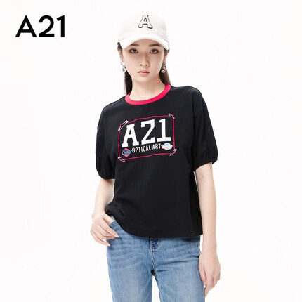 A21夏上衣打底衫外穿内搭休闲印花圆领短袖宽松版型t恤女 黑色 S