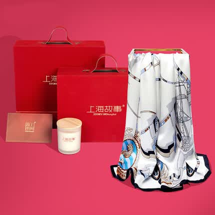 上海故事（STORY Of SHANGHAI）真丝丝巾春夏季缎面丝绸长巾披肩围巾生日礼物 海行蓝白