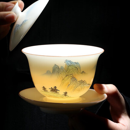 妙莲天香 庄晓明大师手绘只此青绿三才盖碗茶杯羊脂玉白瓷单个高档泡茶碗 D45-101B 只此青绿盖碗