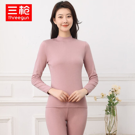 三枪纯棉女士秋衣秋裤中领长袖长裤舒肤厚棉半高领内衣棉毛衫裤套 裸粉 XL（170/95）