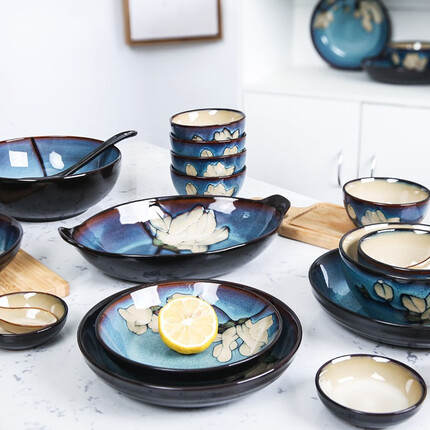 玉泉馨兰手绘陶瓷餐具套装韩式碗碟套装中式碗盘组合饭碗面碗菜盘家用送礼精致陶瓷餐具套装礼品套装 馨兰28头