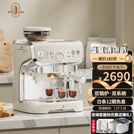 雪特朗（STELANG） 双锅炉意式美式半自动咖啡机磨豆机家用奶泡机研磨一体机ac-517ed 米白色【萃取奶泡同时做】