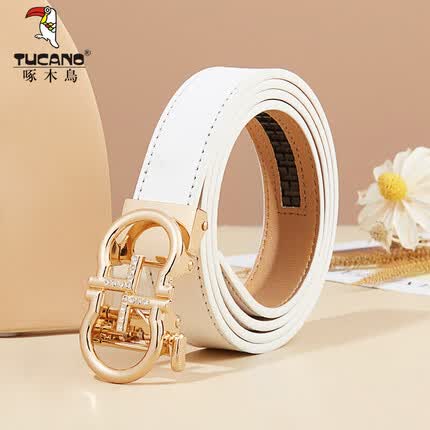 啄木鸟（TUCANO）皮带女牛皮免打孔自动扣女士皮带潮流百搭时尚女式裤腰带女WDB00010-21W0白色