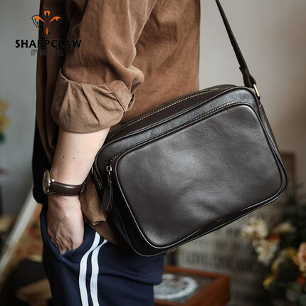 萨帕卡拉男士包包单肩包斜挎包休闲背包头层牛皮复古男包商务 深咖啡色 SHARPCLAW
