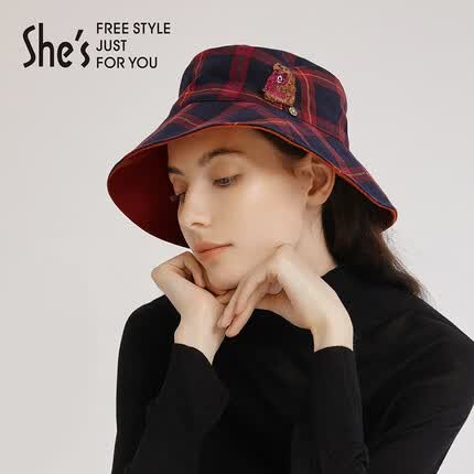 She's茜子复古格纹小熊刺绣双面双色亲子渔夫帽户外保暖帽子毛呢帽 红色格纹A0 M(56-58cm)