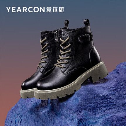 意尔康女鞋厚底显瘦马丁靴加绒保暖棉鞋英伦风系带短靴子女 49838W 黑色 38 
