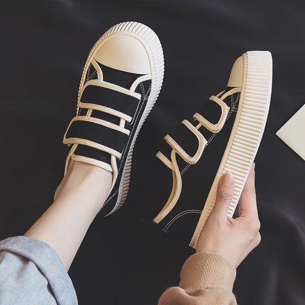 束念低帮帆布鞋女2023春季新款韩版百搭魔术贴粘扣学生板鞋女 黑色 37