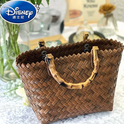 迪士尼（Disney）2023新款藤编手提包草编包包竹节包女夏复古纯手工竹编托特包度假 深棕色小号(加精美丝巾)