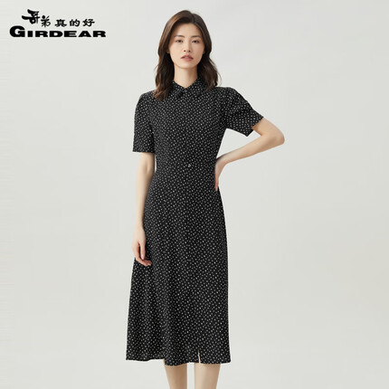 哥弟真的好女装2023夏季新款气质Polo领洋装中长款复古波点连衣裙8500143 黑 L(4码)