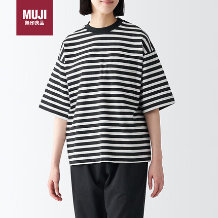 无印良品（MUJI）天竺编织 T恤 BFB75A3S 黑色条纹 S-M