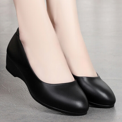 蜜凡苏平跟女鞋软牛皮春秋夏季坡跟中跟真的皮中年皮鞋中老年妈妈鞋子瓢 黑色光面(102款) 37