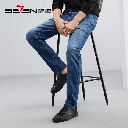柒牌(SEVEN)男装水洗牛仔裤男23春夏季新款休闲撞色明线直筒长裤子N24JH70560 灰蓝 29