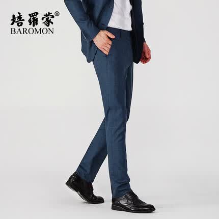培罗蒙西裤男商务休闲西装裤蓝色格子西服裤子休闲裤工装西装裤子松紧腰 蓝色格子 腰围90厘米