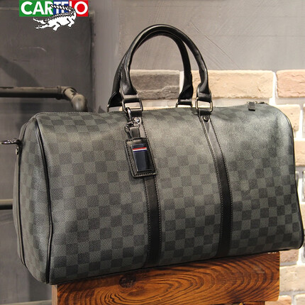 卡帝乐鳄鱼（CARTELO）新款真皮格子旅行包手提男士大容量短途出差行李包牛皮单肩斜跨包 黑色 大