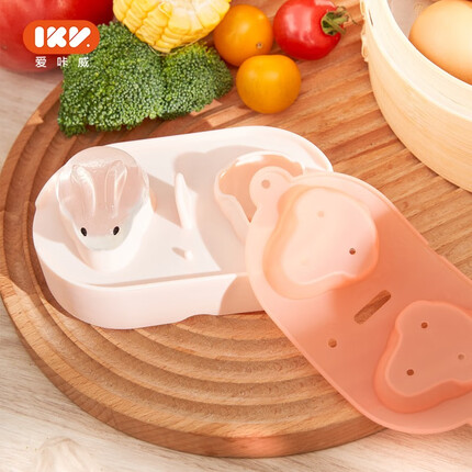 爱咔威（IKV）宝宝兔子蒸糕模具耐高温儿童双格辅食工具食品硅胶 粉-兔子蒸糕模具