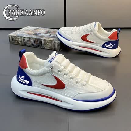 PARKAANFO品牌男鞋秋季奢侈鞋子男透气板鞋男士运动鞋百搭帆布鞋男士小白鞋 蓝红-增高款 39