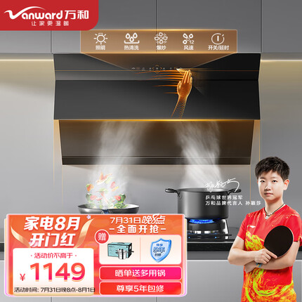 万和（Vanward）抽油烟机 侧吸式单烟机 21m³/min大吸力 家用免拆洗吸油烟机 挥手智控 自动清洗 DJ738