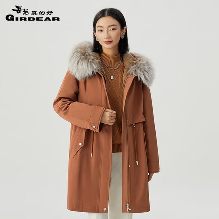 哥弟真的好狐狸毛领连帽皮草派克服中长款棉服外套女A400816 焦糖 M(3码)