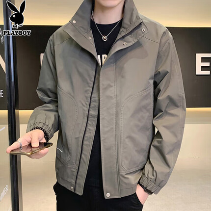 花花公子(PLAYBOY)外套男夹克男冬季男士潮流立领男装休闲工装冲锋上衣服 灰绿 XL