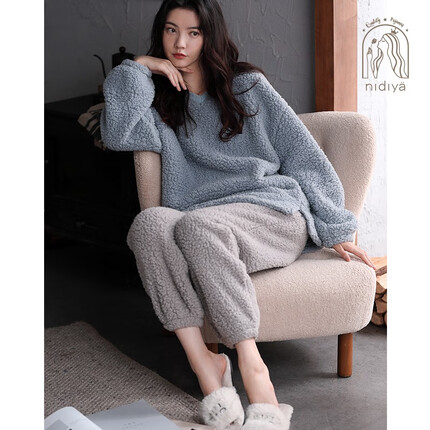 妮狄娅珊瑚绒睡衣女冬长袖简约加厚保暖套头秋冬家居服套装 XF20404灰蓝 L