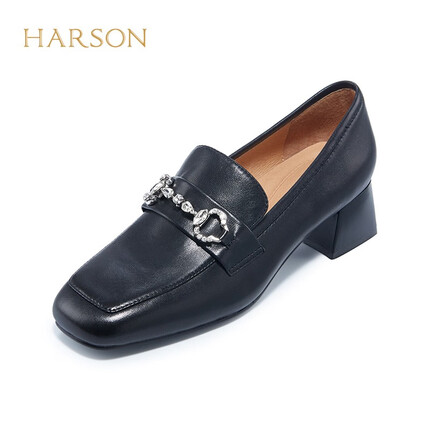哈森（Harson）哈森春季新款时尚通勤单鞋女款方头中粗跟休闲乐福鞋HL229202 黑色羊皮革 37