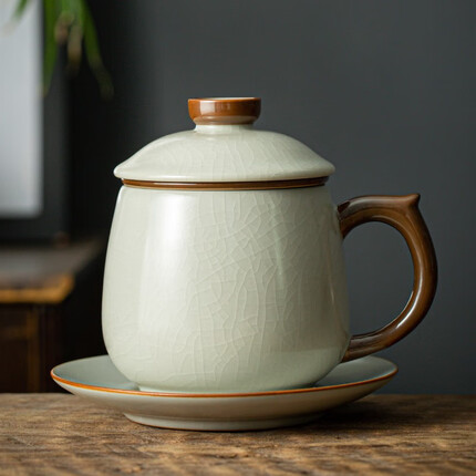 宜杯子汝窑开片茶杯个人商务办公杯过滤泡茶杯陶瓷水杯茶水分离杯±410ml 米黄汝窑天福办公杯